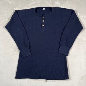 Vintage JE Morgan Henley Shirt Men's L Navy Blue Waffle Knit Thermal Made in USA